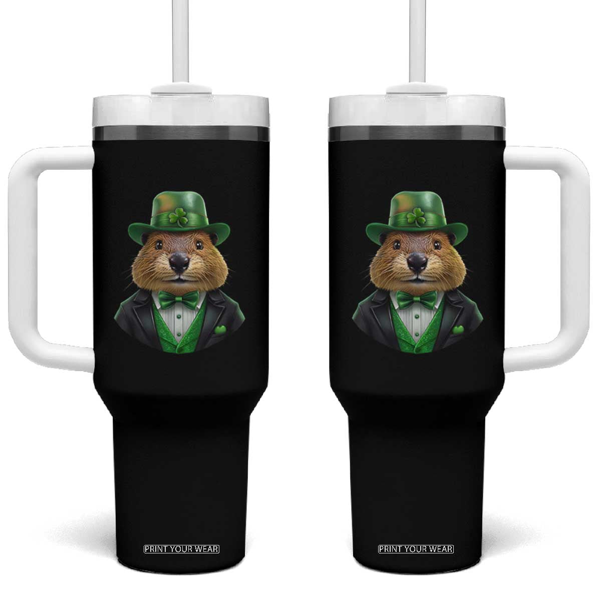 Funny Groundhog Leprechaun Tumbler With Handle Woodchuck Happy St Patrick's Day TS02 One Size: 40 oz Black Print Your Wear