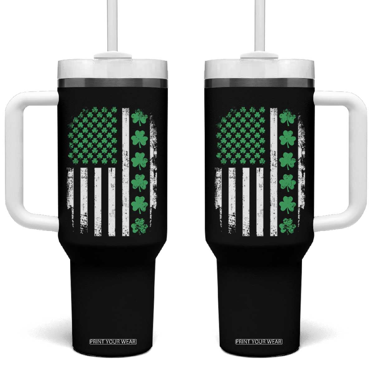American Shamrock Flag Tumbler With Handle Lucky St Patricks Day TS02 One Size: 40 oz Black Print Your Wear