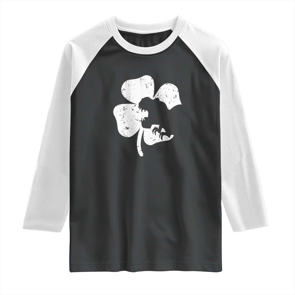 St Patricks Day Dinosaur Rex Raglan Shirt Dino in Lucky Shamrock TS02 Black White Print Your Wear
