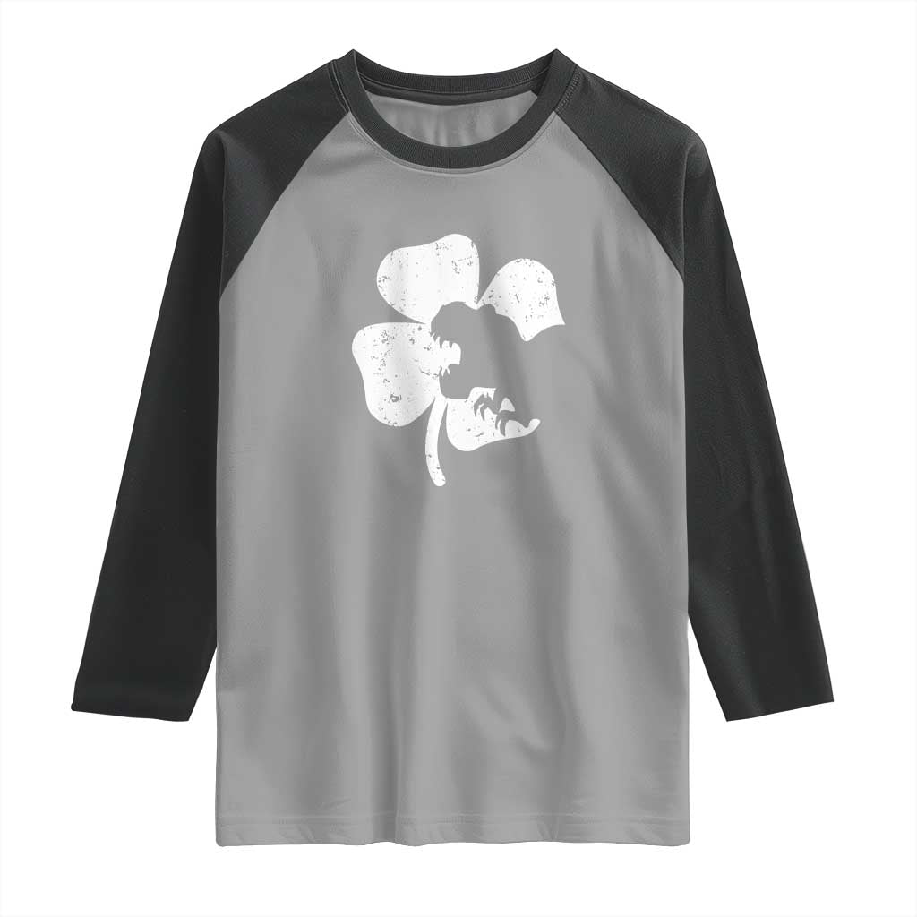 St Patricks Day Dinosaur Rex Raglan Shirt Dino in Lucky Shamrock TS02 Sport Gray Black Print Your Wear