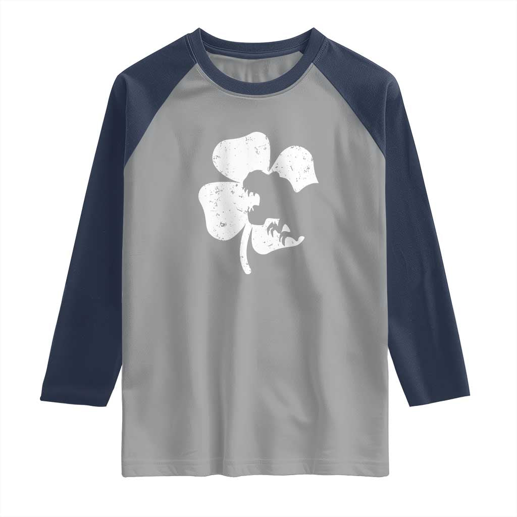 St Patricks Day Dinosaur Rex Raglan Shirt Dino in Lucky Shamrock TS02 Sport Gray Navy Print Your Wear