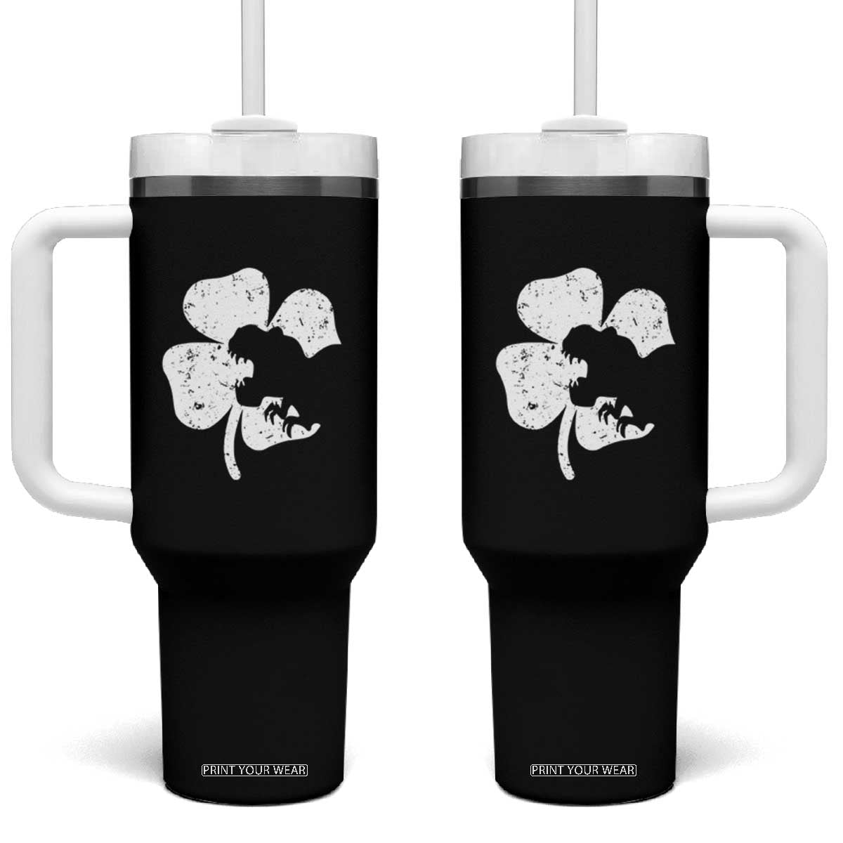 St Patricks Day Dinosaur Rex Tumbler With Handle Dino in Lucky Shamrock TS02 One Size: 40 oz Black Print Your Wear