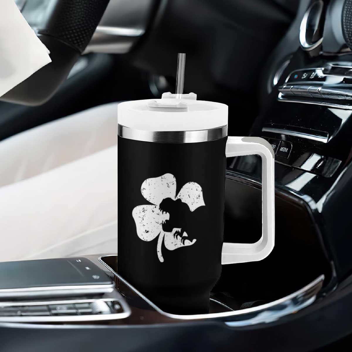 St Patricks Day Dinosaur Rex Tumbler With Handle Dino in Lucky Shamrock TS02 Print Your Wear