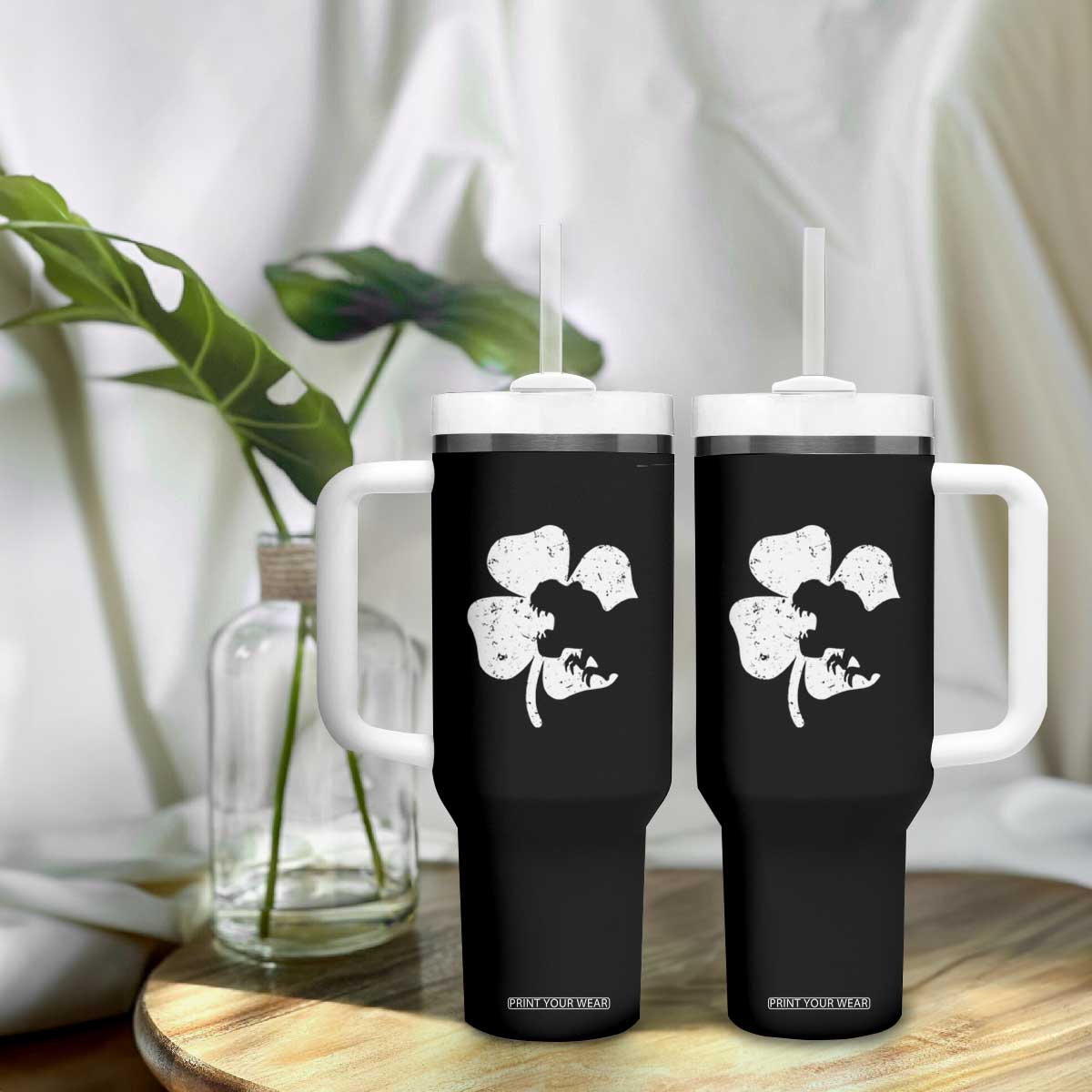 St Patricks Day Dinosaur Rex Tumbler With Handle Dino in Lucky Shamrock TS02 Print Your Wear