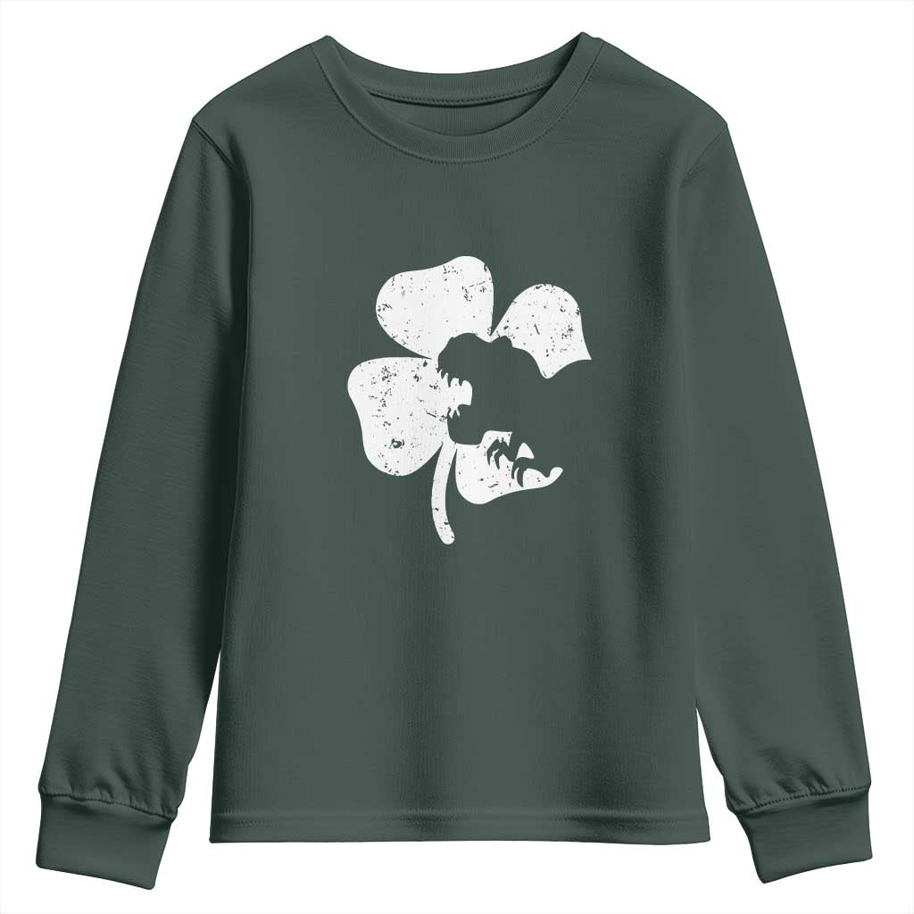 St Patricks Day Dinosaur Rex Youth Sweatshirt Dino in Lucky Shamrock TS02 Dark Forest Green Print Your Wear