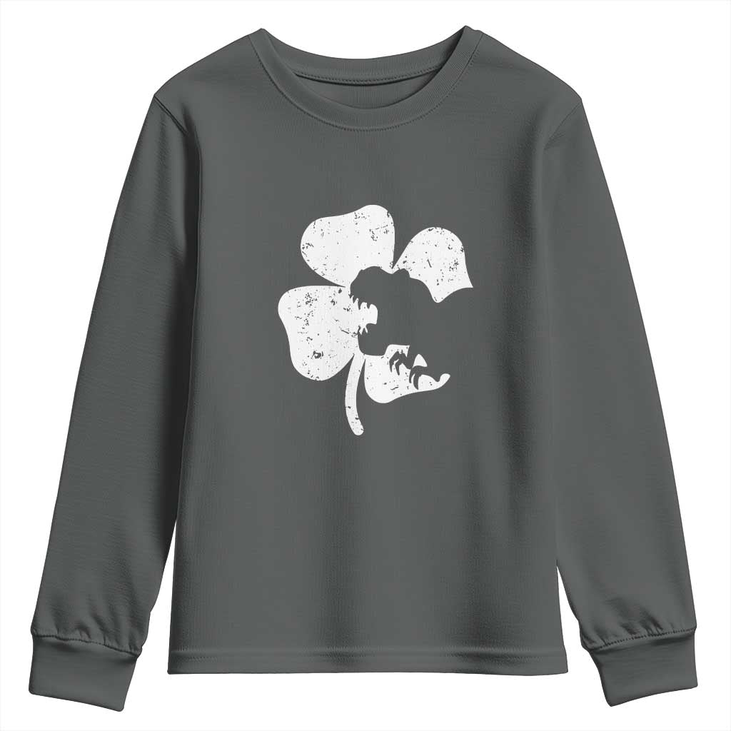 St Patricks Day Dinosaur Rex Youth Sweatshirt Dino in Lucky Shamrock TS02 Dark Heather Print Your Wear