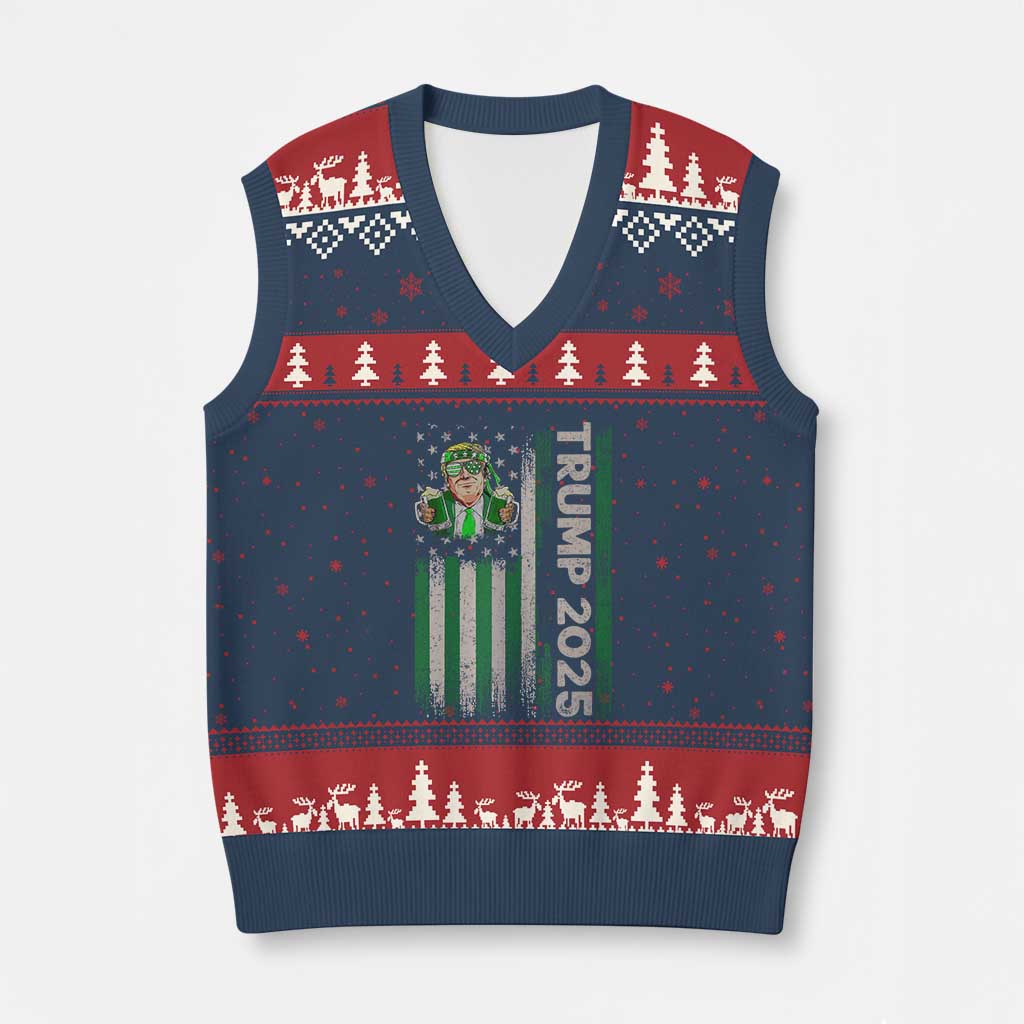 Funny St Patrick's Day Trump 2025 V-Neck Knit Sweater Vest Beer Drinking Day American Flag Vintage TS02 Navy Red Print Your Wear