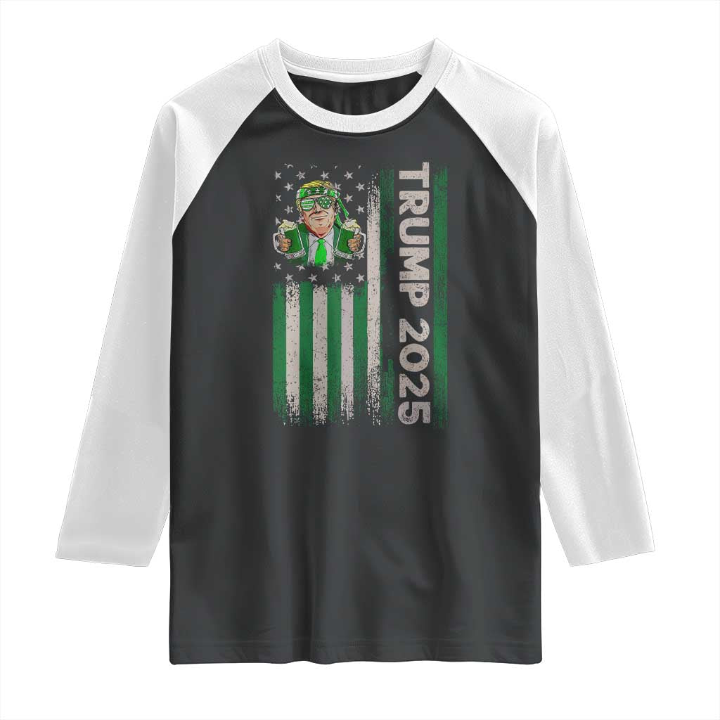 Funny St Patrick's Day Trump 2025 Raglan Shirt Beer Drinking Day American Flag Vintage TS02 Black White Print Your Wear