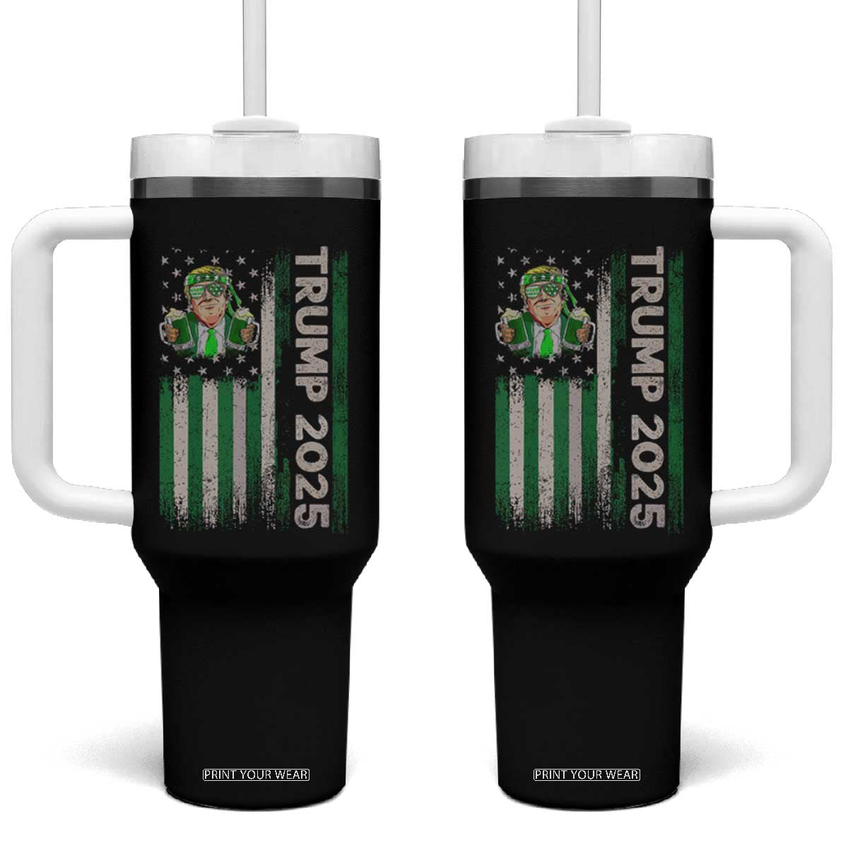 Funny St Patrick's Day Trump 2025 Tumbler With Handle Beer Drinking Day American Flag Vintage TS02 One Size: 40 oz Black Print Your Wear
