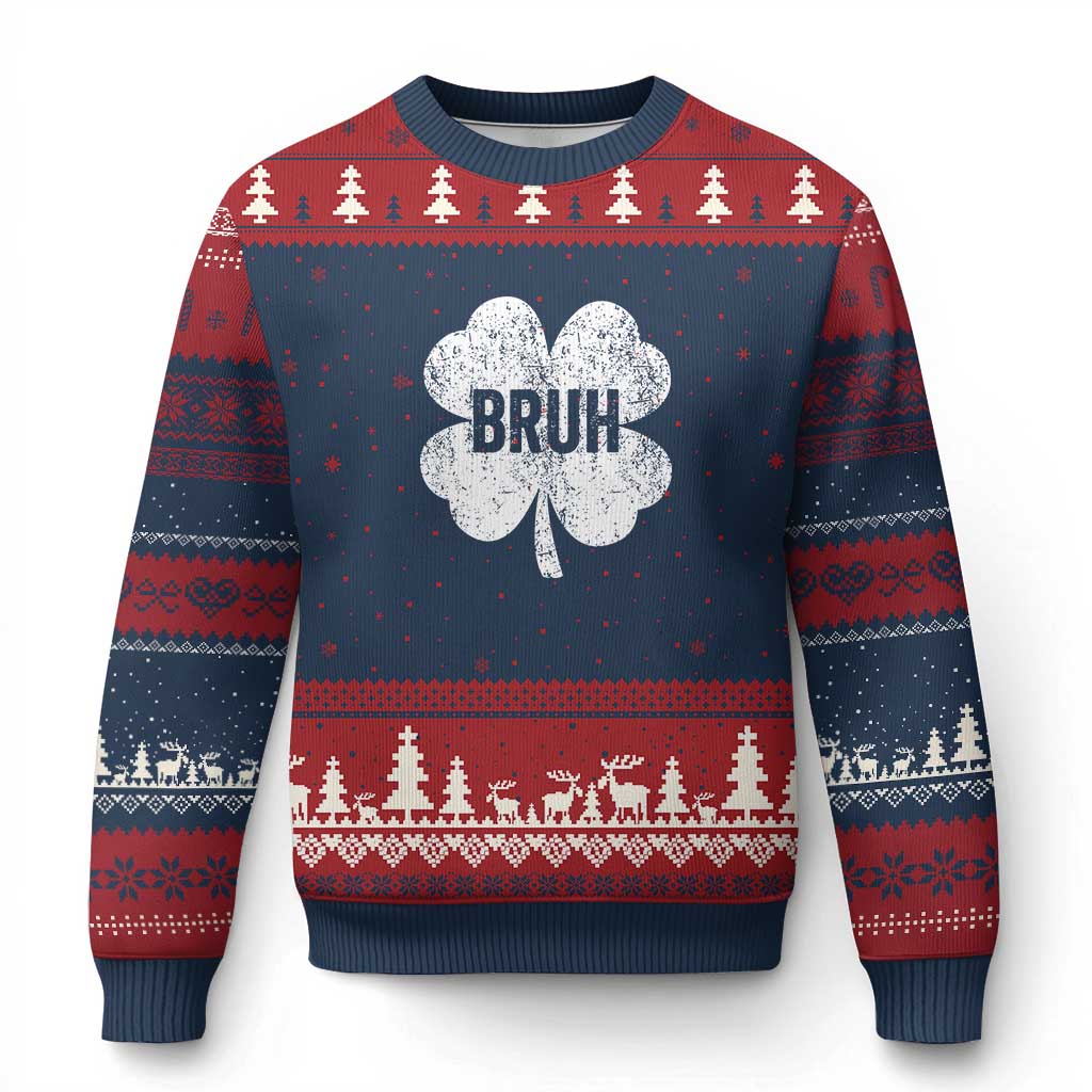 Funny St Patricks Day Bruh Ugly Christmas Sweater Lucky Shamrock Vintage TS02 Navy Red Print Your Wear