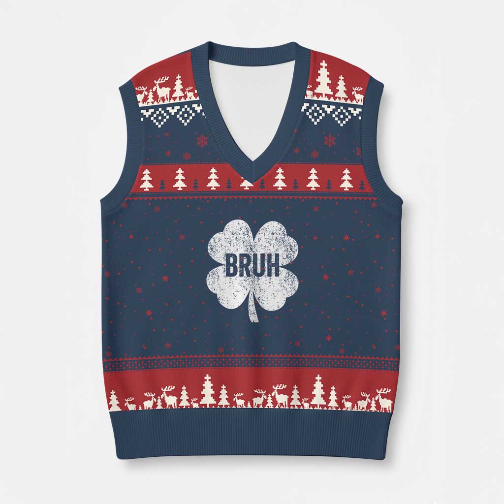 Funny St Patricks Day Bruh V-Neck Knit Sweater Vest Lucky Shamrock Vintage TS02 Navy Red Print Your Wear