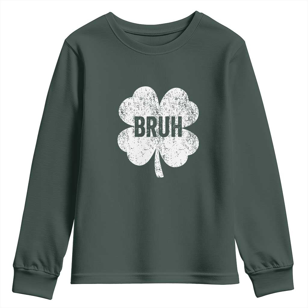 Funny St Patricks Day Bruh Youth Sweatshirt Lucky Shamrock Vintage TS02 Dark Forest Green Print Your Wear