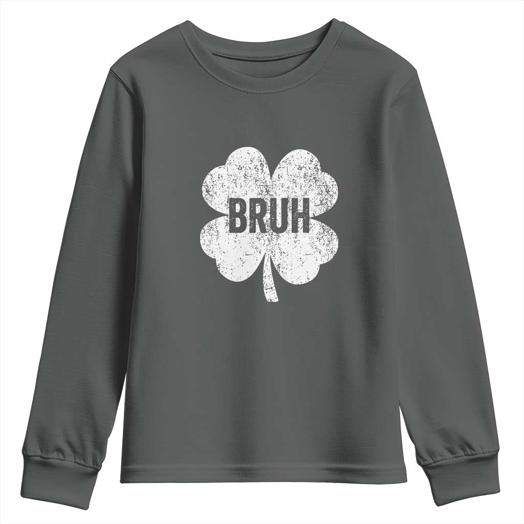 Funny St Patricks Day Bruh Youth Sweatshirt Lucky Shamrock Vintage TS02 Dark Heather Print Your Wear