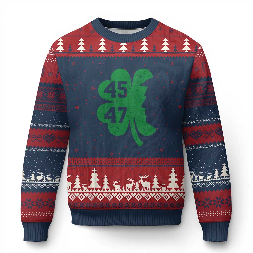 Funny St Patrick's Day Trump 45 47 Ugly Christmas Sweater US President Lucky Shamrock TS02 Navy Red Print Your Wear