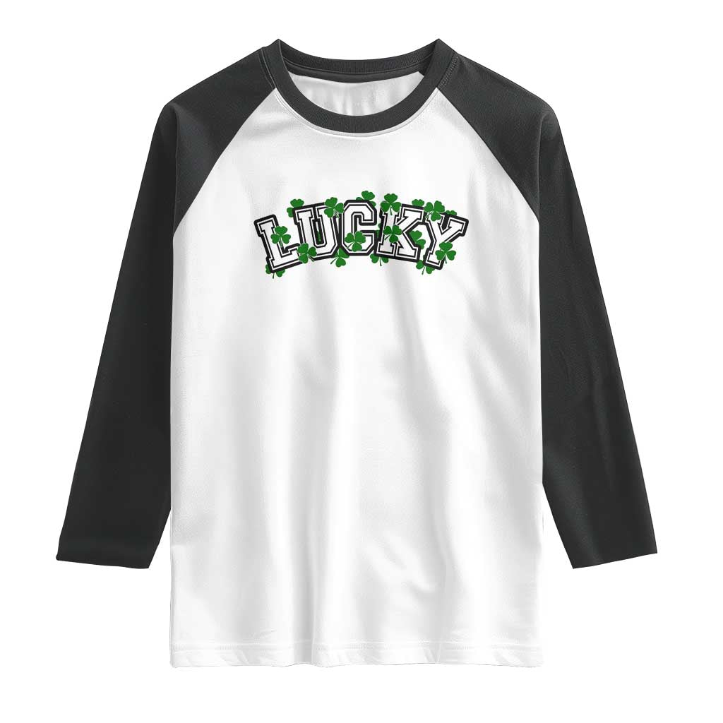 St Patricks Day Lucky Shamrock Raglan Shirt Vintage Minimalist TS02 White Black Print Your Wear