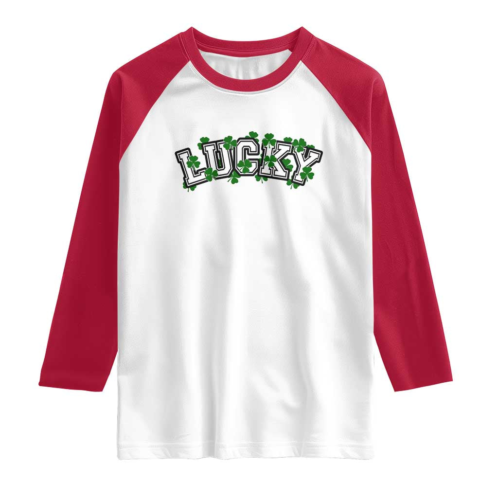 St Patricks Day Lucky Shamrock Raglan Shirt Vintage Minimalist TS02 White Red Print Your Wear