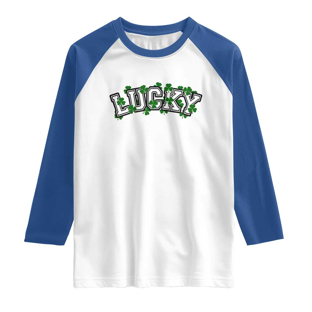 St Patricks Day Lucky Shamrock Raglan Shirt Vintage Minimalist TS02 White Royal Print Your Wear