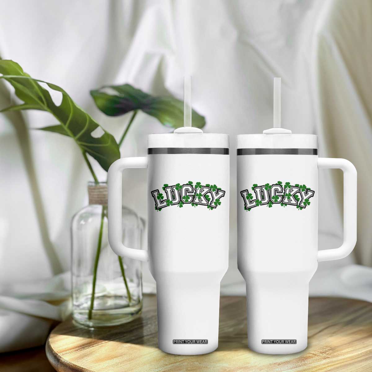 St Patricks Day Lucky Shamrock Tumbler With Handle Vintage Minimalist TS02 Print Your Wear