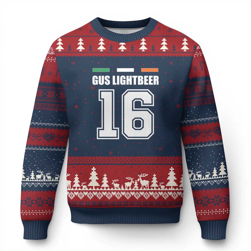 Funny Gus Lightbeer 16 Ugly Christmas Sweater Ireland Irish Name St. Patricks Day Drinking Pub TS02 Navy Red Print Your Wear