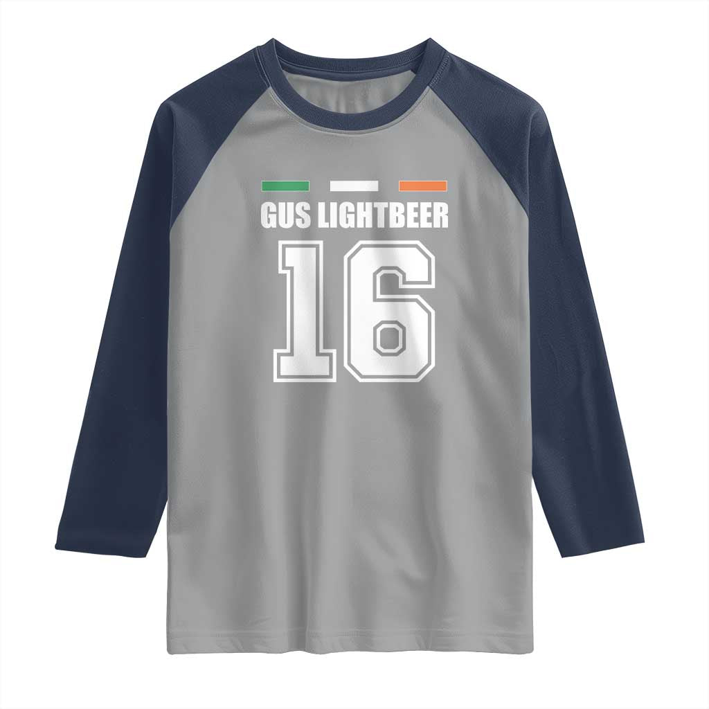 Funny Gus Lightbeer 16 Raglan Shirt Ireland Irish Name St. Patricks Day Drinking Pub TS02 Sport Gray Navy Print Your Wear