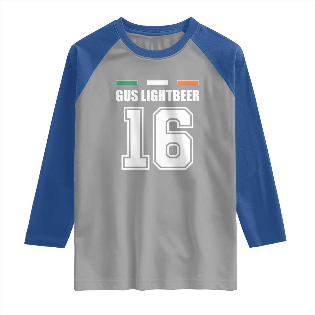 Funny Gus Lightbeer 16 Raglan Shirt Ireland Irish Name St. Patricks Day Drinking Pub TS02 Sport Gray Royal Print Your Wear