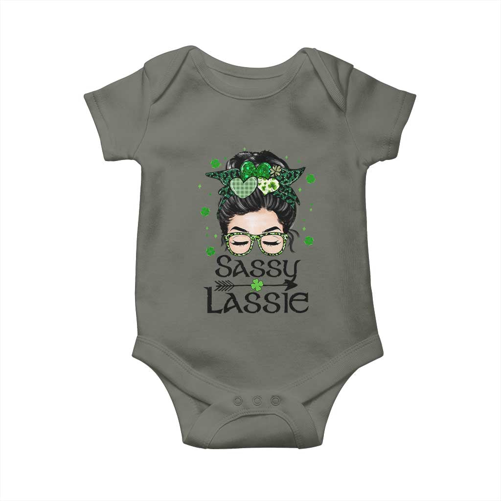 Lucky Sassy Lassie Messy Bun Baby Onesie Funny St Patricks Day TS02 Military Green Print Your Wear