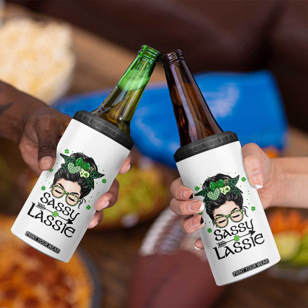 Lucky Sassy Lassie Messy Bun 4 in 1 Can Cooler Tumbler Funny St Patricks Day TS02 Print Your Wear