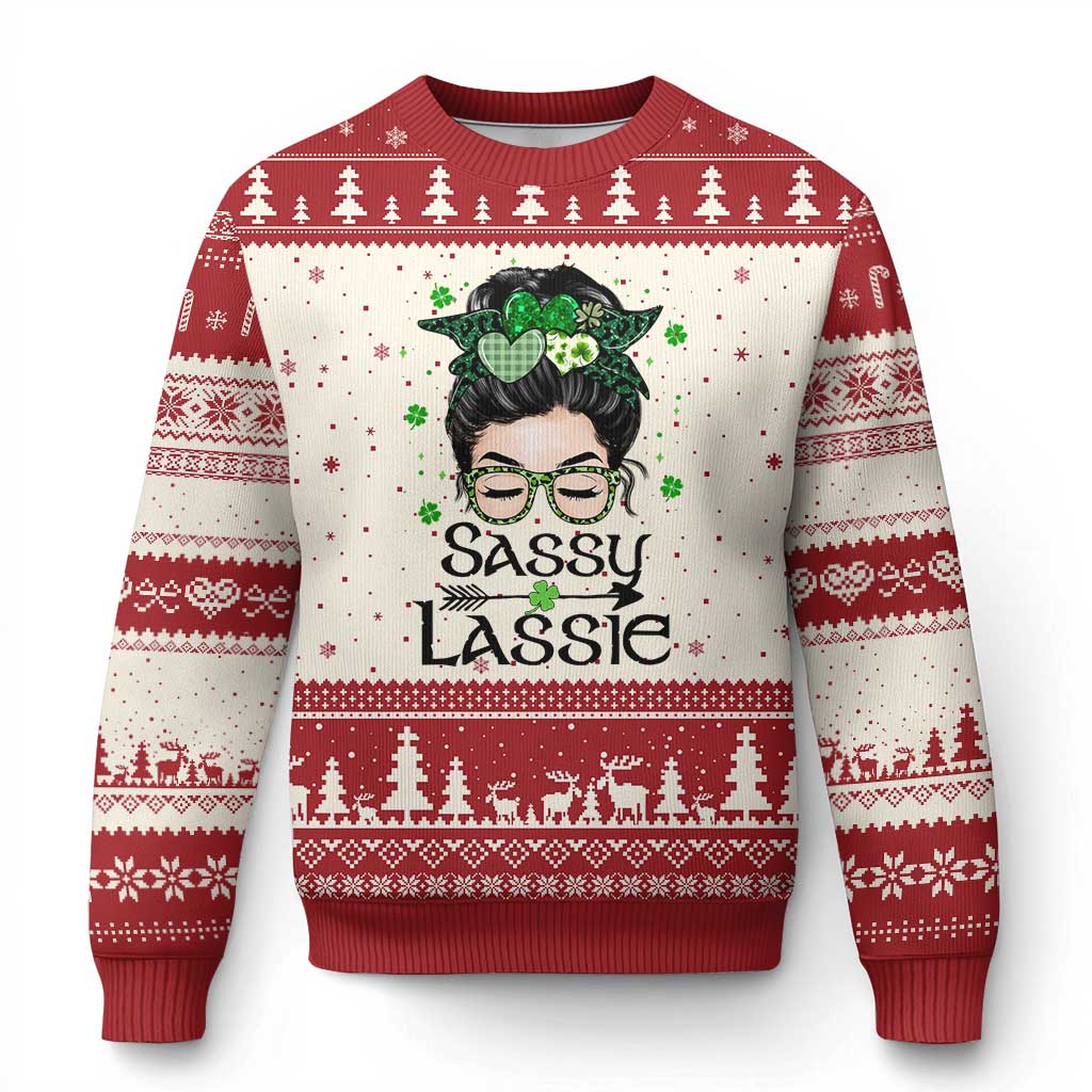 Lucky Sassy Lassie Messy Bun Ugly Christmas Sweater Funny St Patricks Day TS02 Beige Red Print Your Wear