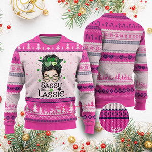 Lucky Sassy Lassie Messy Bun Ugly Christmas Sweater Funny St Patricks Day TS02 Hot Pink Print Your Wear