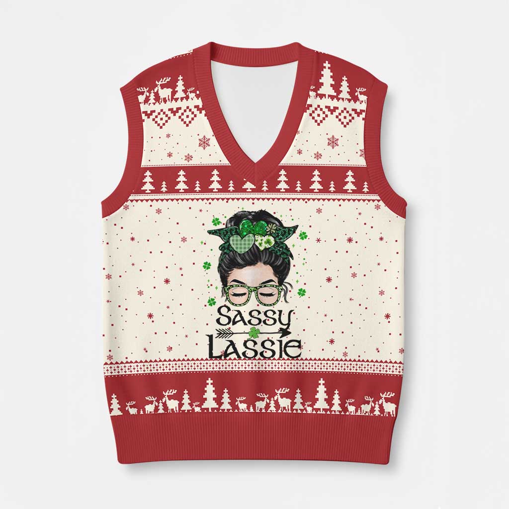 Lucky Sassy Lassie Messy Bun V-Neck Knit Sweater Vest Funny St Patricks Day TS02 Beige Red Print Your Wear
