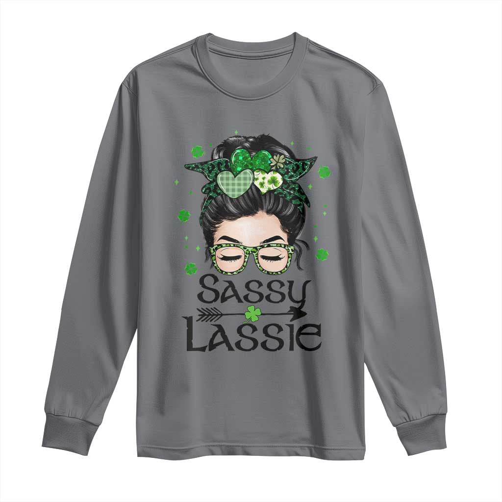 Lucky Sassy Lassie Messy Bun Long Sleeve Shirt Funny St Patricks Day TS02 Charcoal Print Your Wear