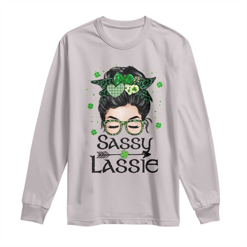 Lucky Sassy Lassie Messy Bun Long Sleeve Shirt Funny St Patricks Day TS02 Ice Gray Print Your Wear