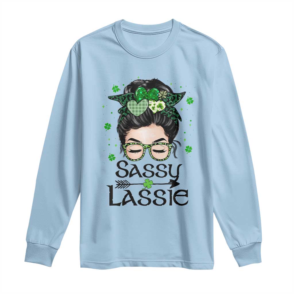 Lucky Sassy Lassie Messy Bun Long Sleeve Shirt Funny St Patricks Day TS02 Light Blue Print Your Wear