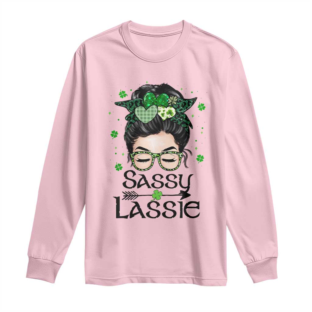 Lucky Sassy Lassie Messy Bun Long Sleeve Shirt Funny St Patricks Day TS02 Light Pink Print Your Wear