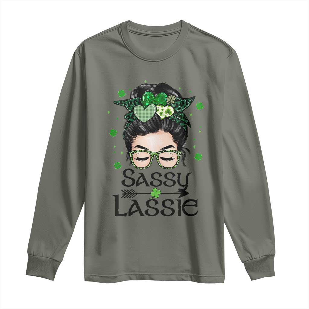 Lucky Sassy Lassie Messy Bun Long Sleeve Shirt Funny St Patricks Day TS02 Military Green Print Your Wear