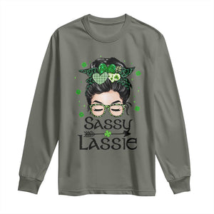 Lucky Sassy Lassie Messy Bun Long Sleeve Shirt Funny St Patricks Day TS02 Military Green Print Your Wear