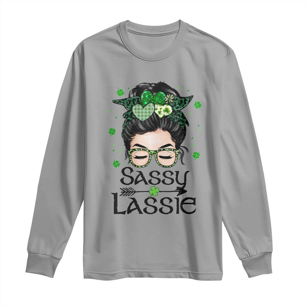Lucky Sassy Lassie Messy Bun Long Sleeve Shirt Funny St Patricks Day TS02 Sport Gray Print Your Wear