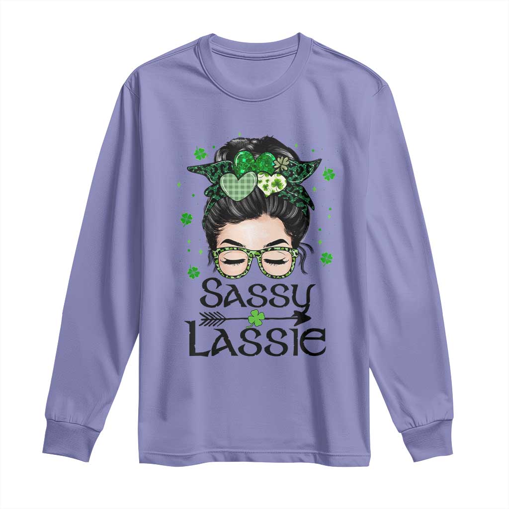 Lucky Sassy Lassie Messy Bun Long Sleeve Shirt Funny St Patricks Day TS02 Violet Print Your Wear