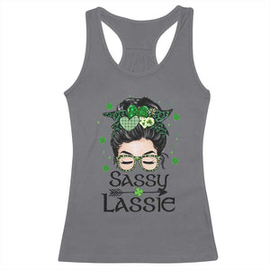 Lucky Sassy Lassie Messy Bun Racerback Tank Top Funny St Patricks Day TS02 Charcoal Print Your Wear