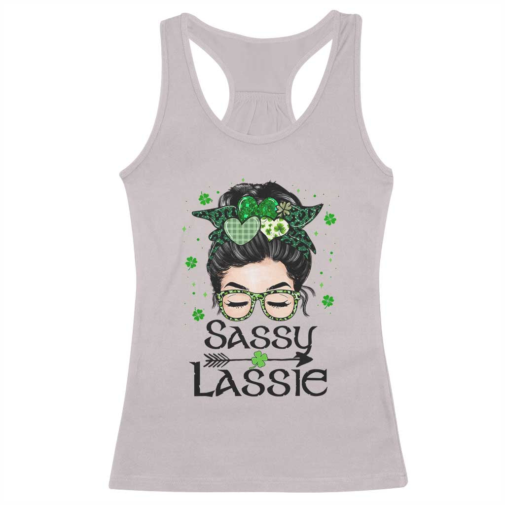 Lucky Sassy Lassie Messy Bun Racerback Tank Top Funny St Patricks Day TS02 Ice Gray Print Your Wear