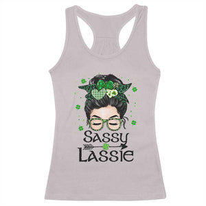 Lucky Sassy Lassie Messy Bun Racerback Tank Top Funny St Patricks Day TS02 Ice Gray Print Your Wear