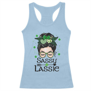 Lucky Sassy Lassie Messy Bun Racerback Tank Top Funny St Patricks Day TS02 Light Blue Print Your Wear