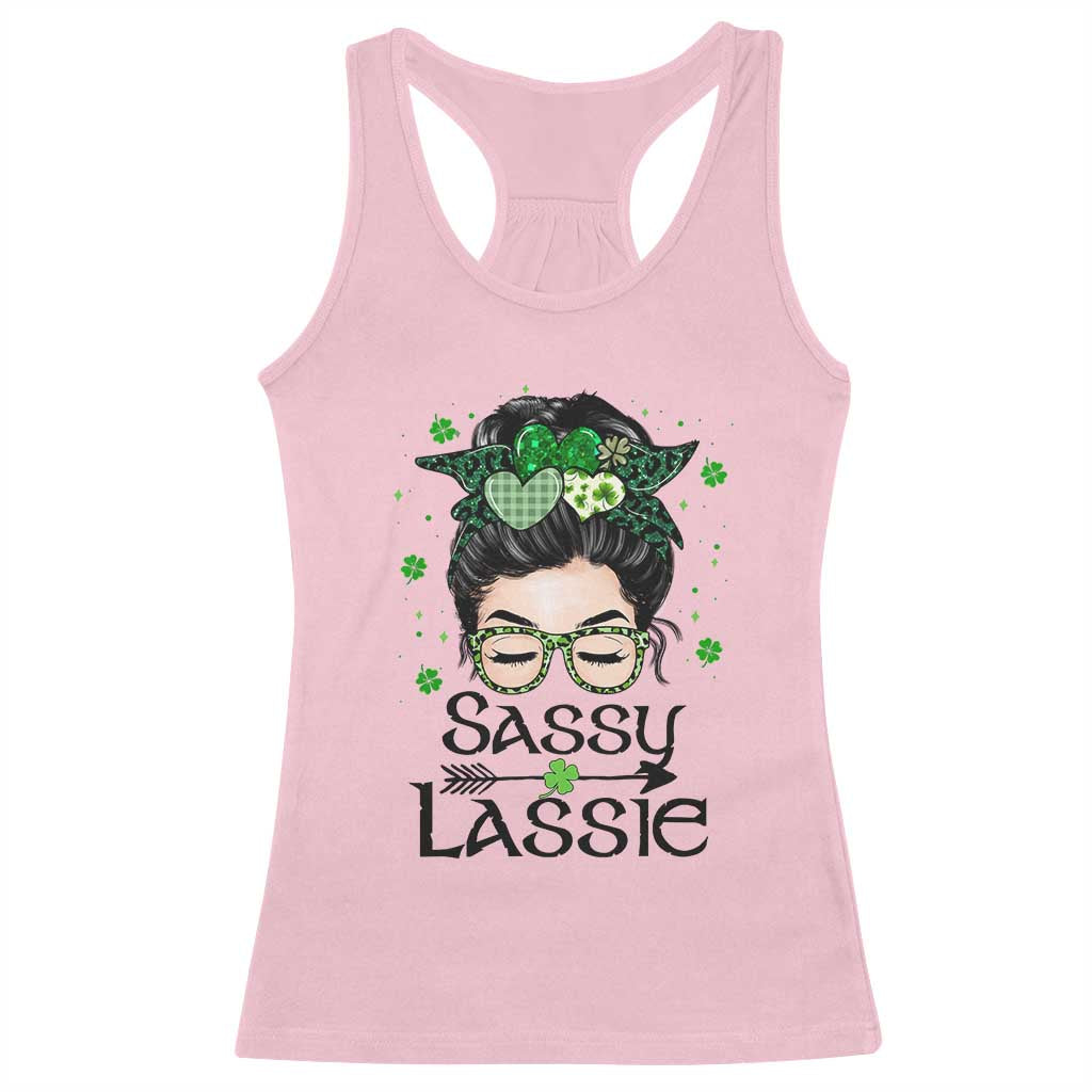 Lucky Sassy Lassie Messy Bun Racerback Tank Top Funny St Patricks Day TS02 Light Pink Print Your Wear
