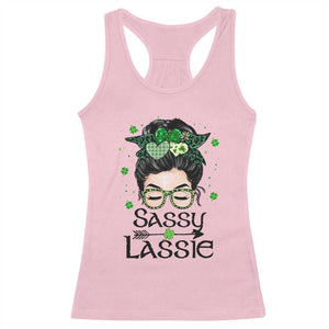 Lucky Sassy Lassie Messy Bun Racerback Tank Top Funny St Patricks Day TS02 Light Pink Print Your Wear