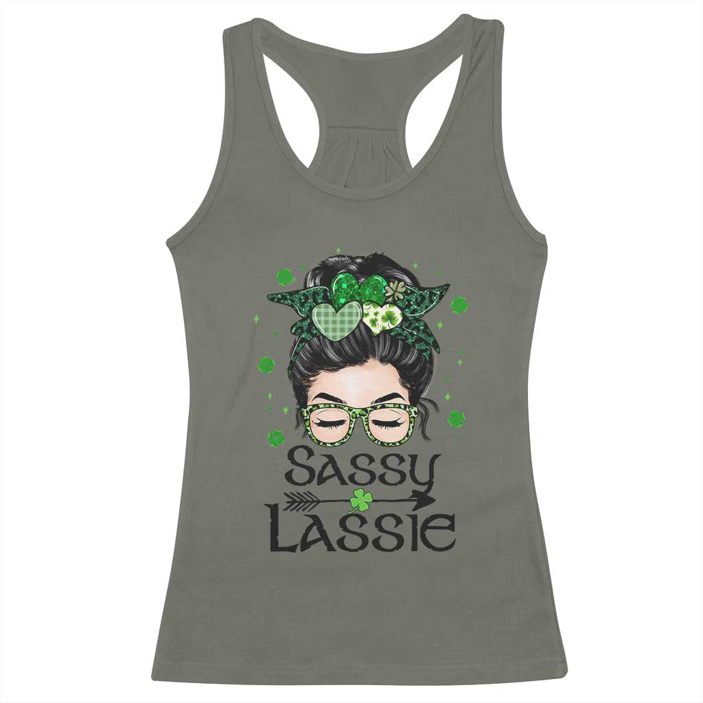 Lucky Sassy Lassie Messy Bun Racerback Tank Top Funny St Patricks Day TS02 Military Green Print Your Wear