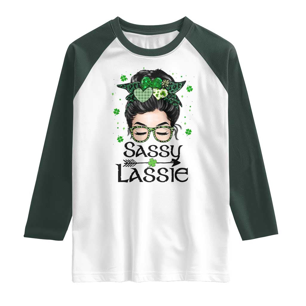 Lucky Sassy Lassie Messy Bun Raglan Shirt Funny St Patricks Day TS02 White Dark Forest Green Print Your Wear