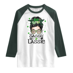 Lucky Sassy Lassie Messy Bun Raglan Shirt Funny St Patricks Day TS02 White Dark Forest Green Print Your Wear