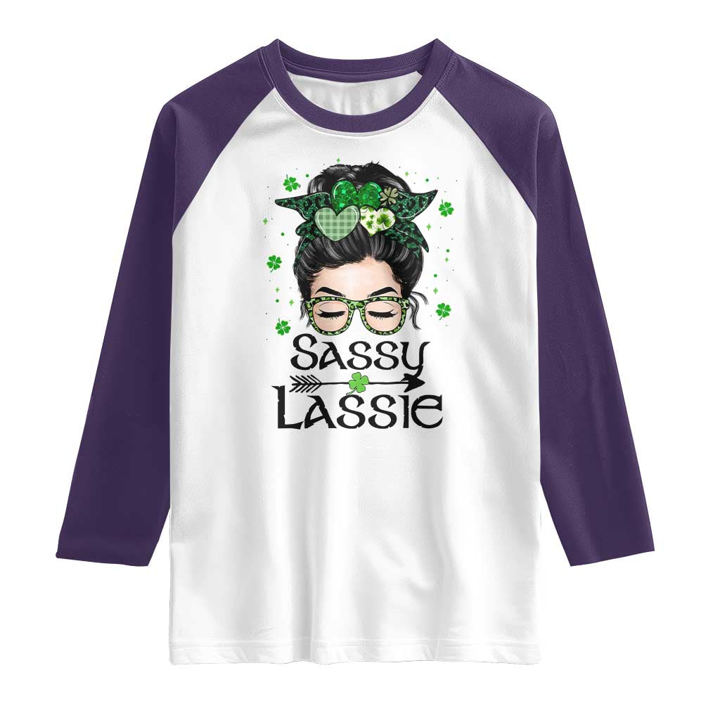 Lucky Sassy Lassie Messy Bun Raglan Shirt Funny St Patricks Day TS02 White Purple Print Your Wear