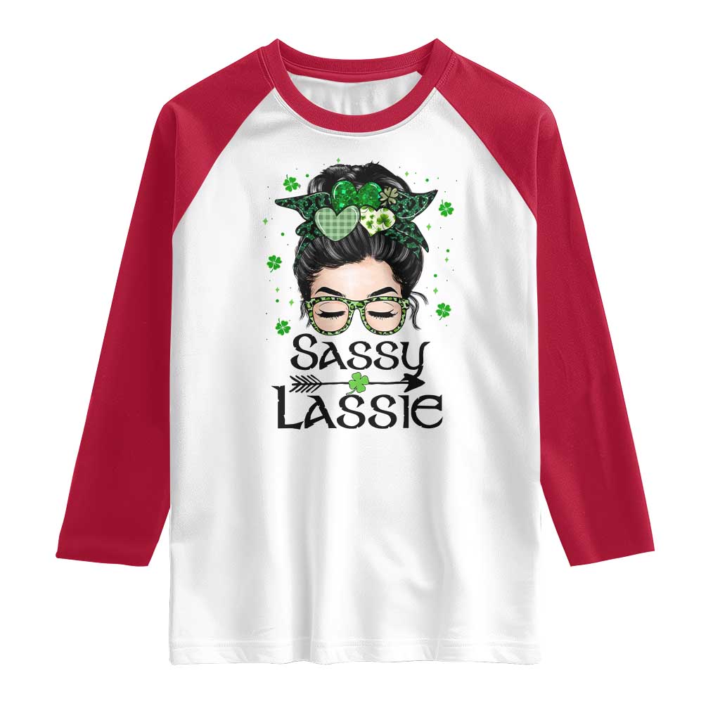 Lucky Sassy Lassie Messy Bun Raglan Shirt Funny St Patricks Day TS02 White Red Print Your Wear