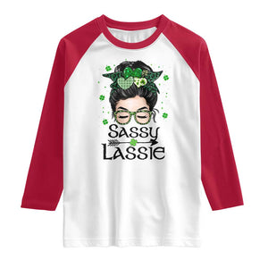 Lucky Sassy Lassie Messy Bun Raglan Shirt Funny St Patricks Day TS02 White Red Print Your Wear
